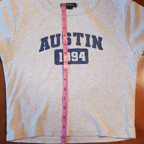 Forever 21 Austin 1994 Short Sleeve Crew Neck Crop Tee Junior Medium Gray & Blue - Picture 4 of 6